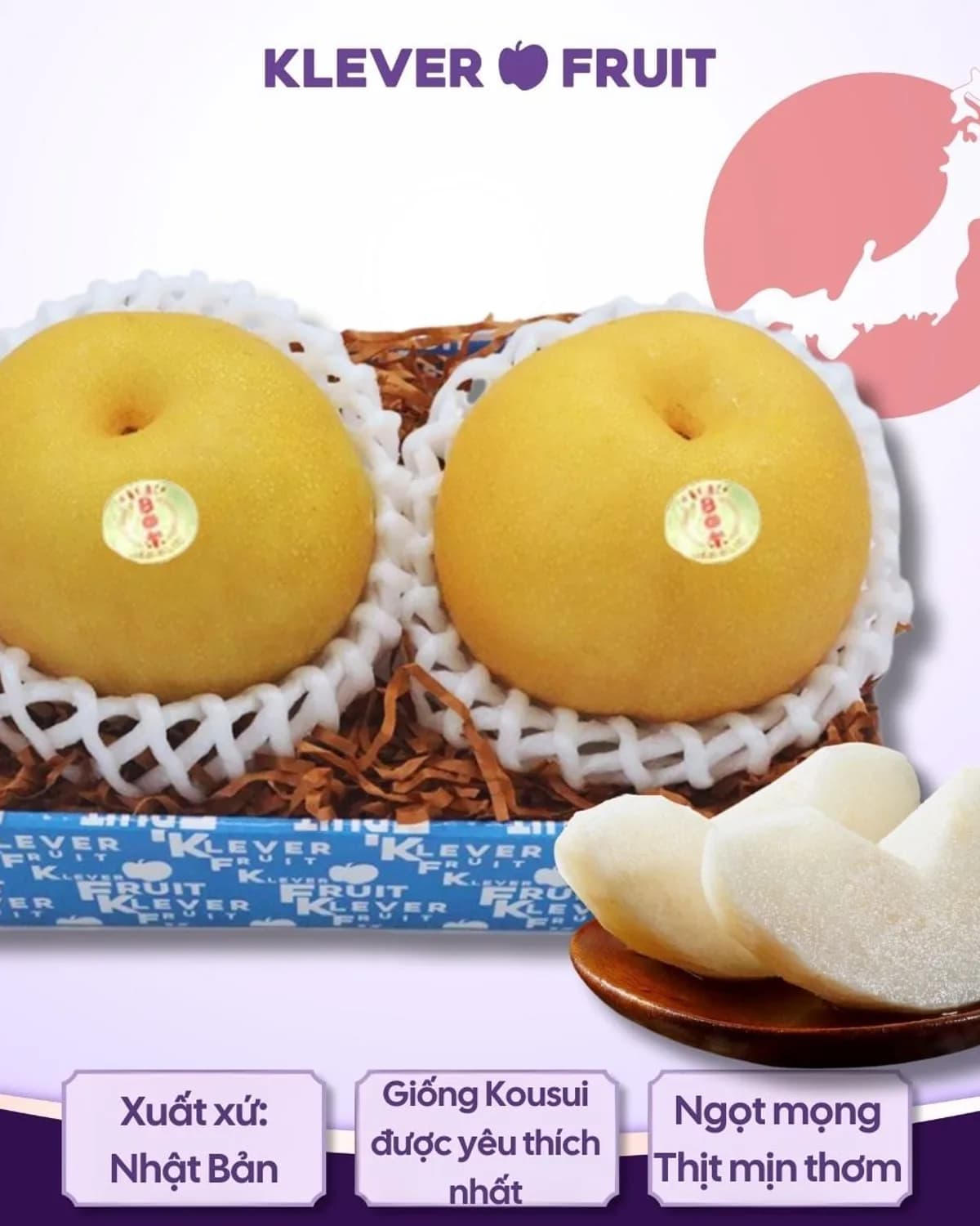 Túi quà giấy kraft cửa sổ với 2 táo Envy đỏ và 2 lê Hàn Quốc bọc lưới xốp